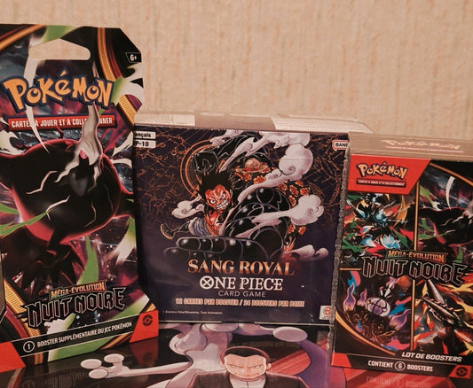 Trois formats côte à côte : blister Pokémon Nuit Noire, display One Piece OP-10 Sang Royal et un bundle de 6 boosters